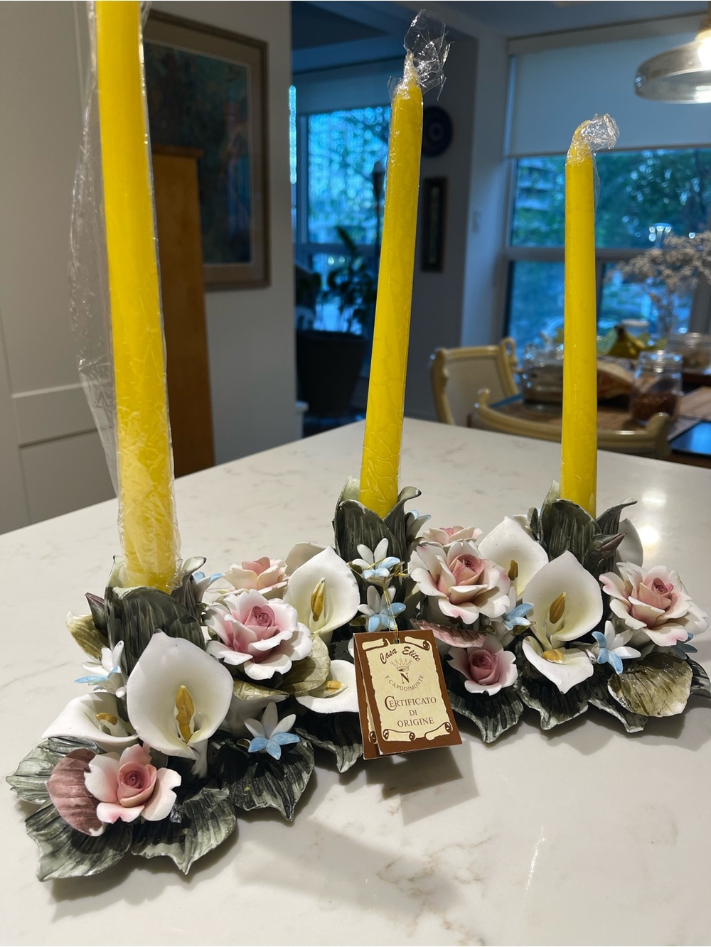 Vintage Floral Porcelain Triple Candle Holder in Yellow and Pink
